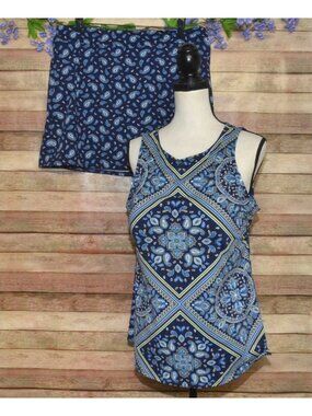 Lands' End High Neck Bandana Print Tankini Top & Skirt Set Swimsuit Size 16L Lon